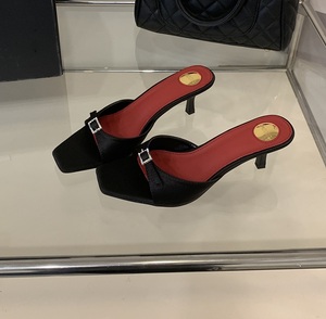 Mules en satin marron à bout carré avec boucle en cristal, élégantes, talon de 5 cm, chaussures habillées pour femmes, pantoufles pour dames - Product Image 1