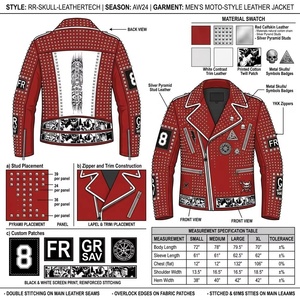 Chaqueta de Cuero Genuino para Hombre, Estilo Motero, Color <span class=keywords><strong>Rojo</strong></span>, Cuero Vacuno de Grano Completo, con Tachuelas, Parches, Apliques y Bordados, Estilo Punk Rock, Fabricación OEM - Product Image 3