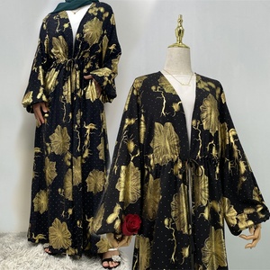 Abaya Dorada Abierta para Ramadán con Cinturón Ajustado Incorporado, Túnica Larga con Estampado Floral y Bolsillos Laterales para Mujeres Musulmanas 1444 # - Product Image 4