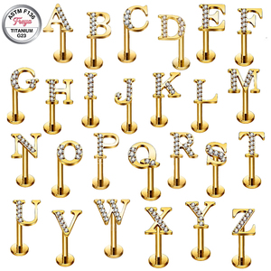 G23 Freya Piercings Labret à dos plat pour <span class=keywords><strong>l</strong></span>èvre et hélix, en Titane ASTM F136, Zircon, avec 26 lettres, Bijoux de corps - Product Image 1