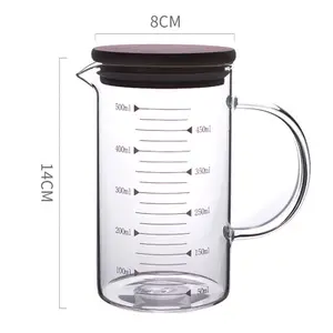 Verre borosilicate à haute teneur en bambou, outils artisanaux faits à la main, tasse de mesure pour la cuisine, avec couvercle en bambou, 350ml 500ml 1000ml