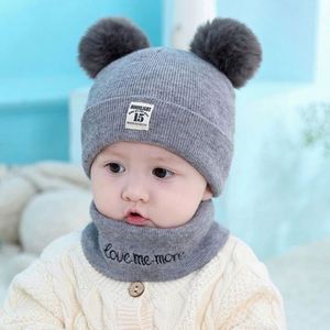 Ensemble bonnet et écharpe tricotés pour bébés garçons et filles, chauds pour l'hiver, avec pompon, broderie de dessin animé mignonne, pour nouveau-nés et enfants - Product Image 3