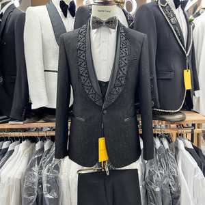 Jas Pria Mewah Custom <span class=keywords><strong>3</strong></span> Potong Buatan Tangan untuk Pernikahan, Jas Pengantin Formal Single Breasted dengan Rompi dan Celana Desain Berhias Manik-Manik - Product Image 2