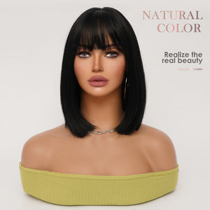 باروكة قصيرة مستقيمة سوداء بواجهة دانتيل (لا تحتاج للاصق) بكثافة 150٪ مصنوعة من ألياف عالية الحرارة قابلة للتعديل للاستخدام اليومي - Product Image 2