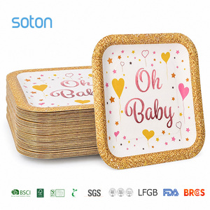 Platos Cuadrados de Papel con Purpurina Dorada '<span class=keywords><strong>Oh</strong></span> Baby', Platos Desechables con Estampado Metálico para Baby Shower, Plato para Pastel, Artículos para Fiestas de Cumpleaños, Venta al por Mayor - Product Image 1
