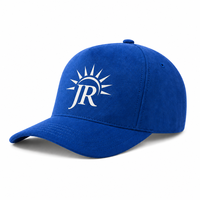 Casquettes de baseball en coton pur bleu roi et blanc avec logo JR par transfert thermique, sans couture, frontale structurée, réglables, certifiées CE, vente en gros