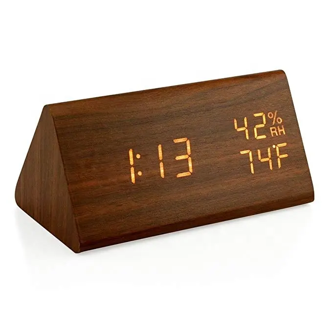 Voice Control USB Charge Time Date Temperature Wood Desk Clock LED Display Digital Table Wooden Alarm Clock