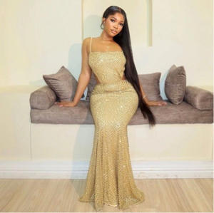 Gaun Malam Seksi Desain Baru dengan Tali Spaghetti Glitter Emas Menawan, Gaun Pesta Prom dengan Payet dan Manik-manik Model Sweetheart yang Ramping - Product Image 5