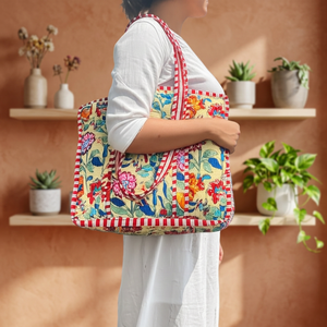 Grand sac fourre-tout en coton à motifs floraux, style bohème, avec fermeture à glissière - Multicolore, durable - Product Image 3