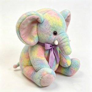 customize Soft fuzzy rainbow safari elephant stuffed toy with big floppy <b>pink</b> inner ears & small white tusks - Product Image 4