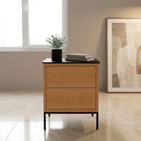 Table de chevet sans poignée à 2 tiroirs, noyer et noir bicolore, avec pieds en métal, mobilier moderne, vente en gros OEM