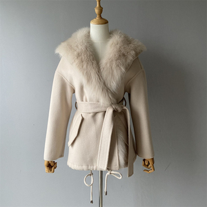 Manteau en <span class=keywords><strong>laine</strong></span> double face d'hiver personnalisé Jxwatcher avec capuche et veste en fourrure véritable 2 pièces pour femmes, grand col en fourrure de renard, manteau en cachemire pour femmes - Product Image 4