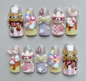 Conception Personnalisée Luxe Français <span class=keywords><strong>Faux</strong></span> Ongles Artificiels Imprimé À La Main <span class=keywords><strong>Kawaii</strong></span> 3D Ours Rose Crème Faits À La Main <span class=keywords><strong>Faux</strong></span> Ongles - Product Image 5