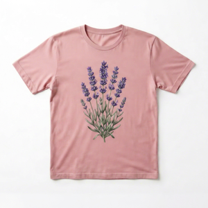 T-shirt en coton léger à col rond et manches courtes pour homme, imprimé lavande rose, style floral décontracté streetwear - Product Image 1