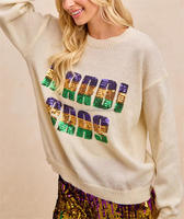 Pull en tricot pour femme avec broderie de lettres en sequins Mardi Gras, col rond, épaules tombantes, coupe ample, grande taille