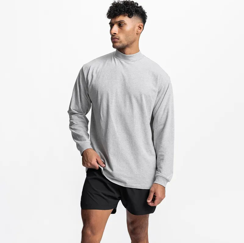 EGY-003 High tight neck band long sleeve t shirts for sport 95%cotton 5%spandex workout gym men's long sleeve t shirt