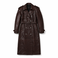 Manteau trench décontracté pour femme en peau de mouton couleur acajou foncé, double boutonnage, avec ceinture à boucles, effet ciré et verni, coupe-vent, respirant et anti-plis
