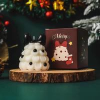 Bougie parfumée artisanale en cire de soja en forme de sapin de Noël avec nœud noir, style gâteau 3D, décoration de table du Nouvel An, boîte cadeau
