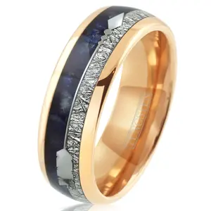 8mm 6mm Lapis Lazuli Ring Faux Meteorite Inlay Tungsten Wedding Band For Rose Gold Men Nature Rings