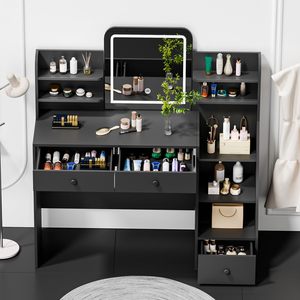 Moderno Tocador <span class=keywords><strong>de</strong></span> Maquillaje Blanco <span class=keywords><strong>de</strong></span> MDF con Espejo LED, 5 Estantes Inclinados, 7 Áreas <span class=keywords><strong>de</strong></span> Almacenamiento Abiertas, 3 Cajones, Iluminación Ajustable <span class=keywords><strong>de</strong></span> 3 Colores - Product Image 6