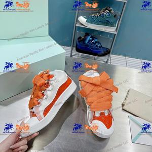 <b>White</b> and Orange Low Top Skate Sneakers with Oversized <b>Laces</b> Casual Street Shoes - Product Image 1