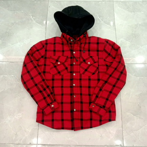 Red Black Plaid Hooded Flannel Shirt Protective Kevlar <b>Jacket</b> Quilted Lined Long Sleeve - Product Image 1