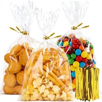 YF Lot de 100 sacs cadeaux transparents en cellophane avec attaches torsadées dorées, emballage plastique recyclable pour bonbons et emballages de fête