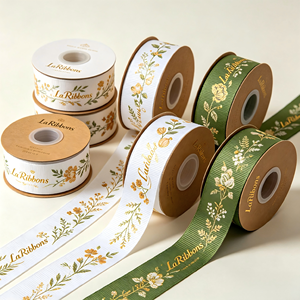 Vietnam Factory-Pink Polyester/Cotton Grosgrain <b>Ribbon</b> 1-1/2 Inch Gold Foil Printed Geometric Pattern Single Face Shrink-Resist - Product Image 5