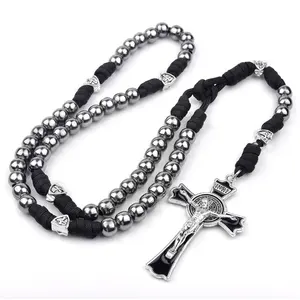 Shield Beads Black Sturdy Paracord Rosaries 10mm Iron Beads Cross Necklace Masculine Men Rosary