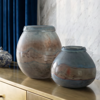 Grand vase en verre soufflé à la main, gris brun ombré avec des fils de peinture noire, vase à fleurs pour la décoration du salon