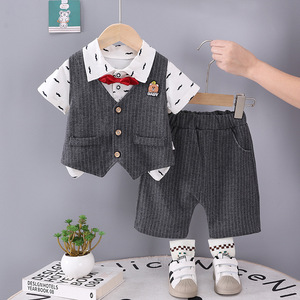 Nouvelle tenue d'été décontractée trois pièces pour garçons YouYue 2025, style britannique, en coton/soie peignée, pour 1-5 ans, comprenant gilet, chemise et short - Product Image 3