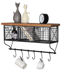 Industrial Wall Mounted Bar Kitchen Office Metal Wood Shelf Baskets Hanging Storage Rack Display Shelf With Cup Hooks
