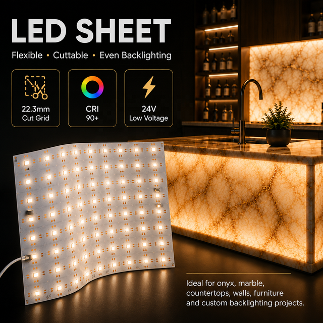 Flexible LED Sheet Backlight Panel for Onyx Marble Translucent Stone 24V Cuttable CRI90+ for Countertops Walls Signs