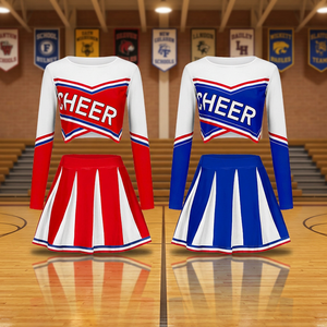 Ensemble d'uniformes de pom-pom girl rouge, bleu et blanc, haut à manches longues, jupe imprimée, costume de compétition pour adultes, vêtements de sport - Product Image 3