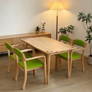 Solid Wood Dining <b>Table</b> And Chairs Set Rubberwood With Green Cloth Upholstery For Senior Living Spaces - Product Image 1