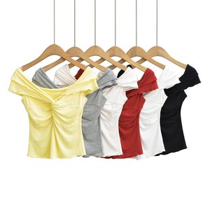 Blus Poliester Organik Lengan Pendek Berhias Ruffle Motif Bunga, Gaya Kasual Manis, Gaya Amerika Terbaru untuk Musim Panas - Product Image 1
