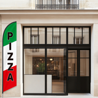 Drapeau de plage imprimé personnalisé 2,3x11,1 pieds en forme de larme Pizza Restaurant de restauration rapide Technique d'impression numérique double face drapeau de couteau