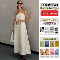 Robe tube mi-longue décontractée d'été en coton et lin avec logo personnalisé, dos ouvert, sans bretelles, dos nu, poche latérale, vêtements pour femmes