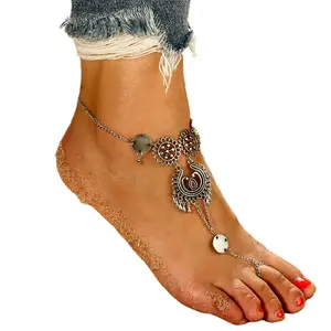 2404 Vintage silberne Farbe Fußkette bohème Tassel-Knöchel für Damen Barfuß-Sandalen Sommer-Schmuck