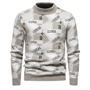 2024 New Mohair Men's Warm Knitted Long Sleeved Letter Jacquard Sweater For Men