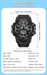 SANDA 3306 นาฬิกาอิเล็กทรอนิกส์สำหรับเล่นกีฬาอเนกประสงค์, นาฬิกาข้อมือดิจิตอลเรืองแสงกันน้ำพร้อมระบบเตือนภัย - Product Image 3