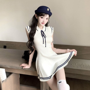 Preppy-Style Lapel Collar, Cap Sleeves, Knitted Lace-Up Dress, Summer New Arrival, First-Love Look, Waist-Cinching Slimming - Product Image 2