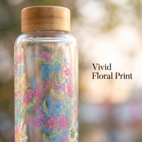 Botella de Agua de Vidrio con Estampado Floral de 550 ml con Tapa de Madera, Logotipo Personalizado, Venta al por Mayor