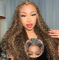 Perruque Balayage Highlight perruques Deep Curly pré-plumées transparentes 13x4 perruques Lace Frontale perruques de cheveux naturels blond miel couleur piano