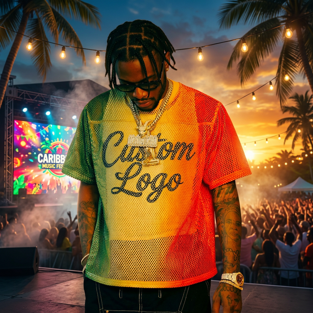 Miami Caribbean Music Fest Men's Mesh T-Shirt Custom Gradient Color Breathable Party Top Wholesale OEM ODM Supplier Custom Print