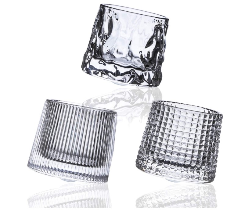 Spherical Bottom Rotatable Crystal Whiskey Glasses 5oz 3 PCS , for Drinking Whisky, Cocktails, Cognac (Strip/ Lattice/ Irregular