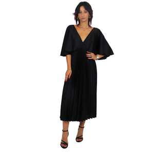 Robe pour femme, lilas, plissée, mi-longue, col en V, manches cape, élégante, pour soirée - Product Image 1