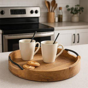 Bandeja Otomana Decorativa de Madera Natural Minimalista para Bodas, con Asas de Hierro, Forma Redonda, Multifuncional - Product Image 6