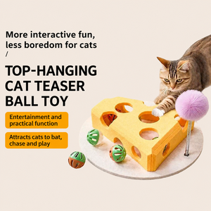 Interactive Cat Toy Cheese Box Puzzle Toy with Teaser <b>Ball</b> <b>Stick</b> Rolling Bell <b>Balls</b> Indoor Exercise Training Pet Cat Play Toy - Product Image 3