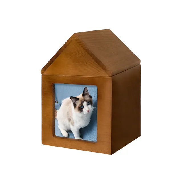 Wooden Handmade Custom American Hot Selling Small Animals Altar Cat Dog Wooden Pet Urn Box with Photo Frame